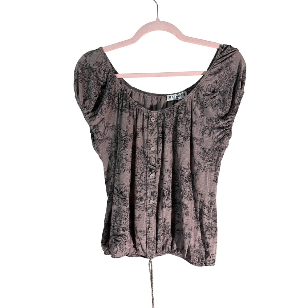 Agenda Mauve Floral Button Front Peasant Top Blouse Womens Medium Boho M20151